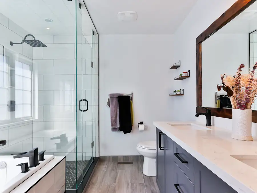 Remodeled bathroom with glass shower