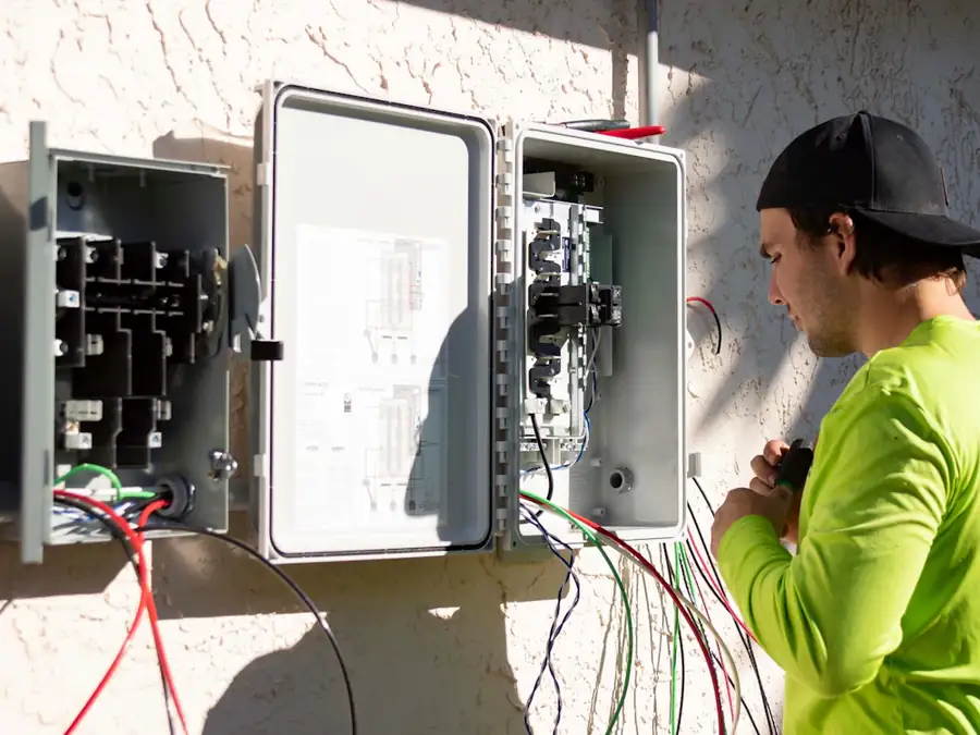 Electrician wiring an outdoor transfer switch